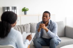 patient in mental health therapy Atlanta engaged in talk therapy